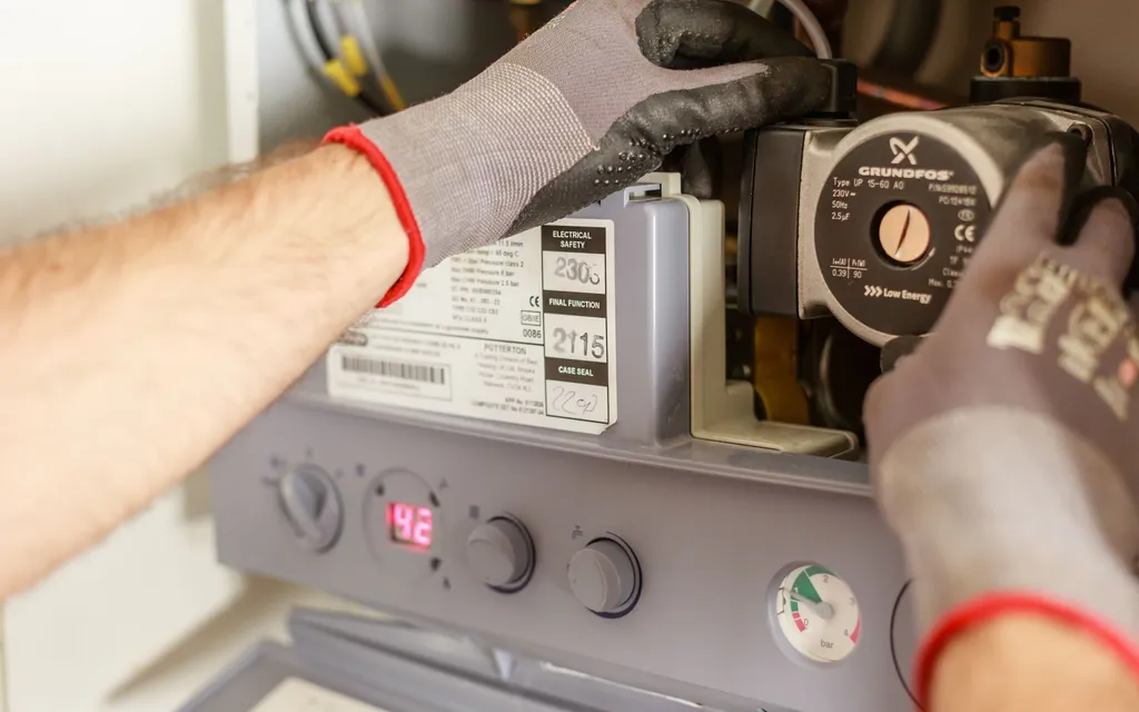Heating engineer servicing the internal components and pump of a gas boiler